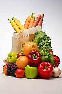 水果橙背景图片_袋子里装有各种水果和蔬菜