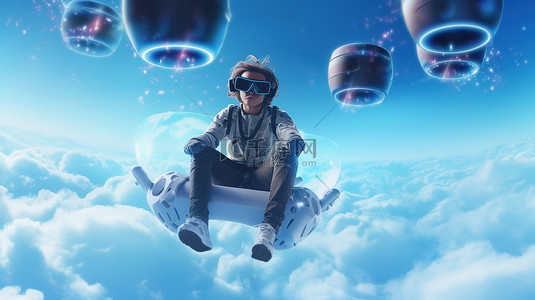 网络虚拟世界背景图片_一名男子准备进入虚拟世界，同时带着游戏装备 3D 渲染插图漂浮在天空中