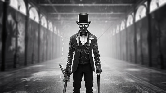 游戏玩家头像背景图片_戴圆顶礼帽和手杖的蒸汽朋克男子的 3D 虚拟现实