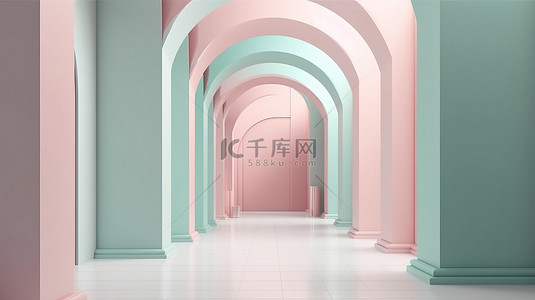柔和的彩色拱形隧道走廊入口以最小的时尚 3d 渲染