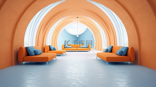 现代生活空间，配有充满活力的橙色沙发和 3D 渲染中引人注目的蓝色拱门