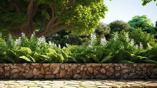 攀爬植物背景图片_郁郁葱葱的花园的 3D 渲染，石墙上绿草和树木上有攀爬植物