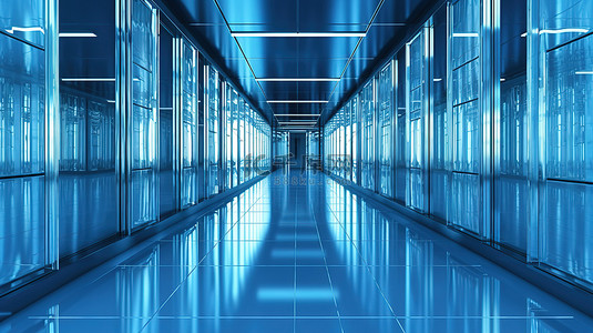 商业建筑背景图片_带蓝色玻璃面板背景的延伸走廊公司背景 3D 插图