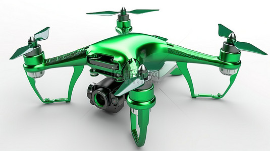 直升机背景图片_带有动作相机的现代绿色遥控空中无人机在白色背景下以 3D 渲染飙升