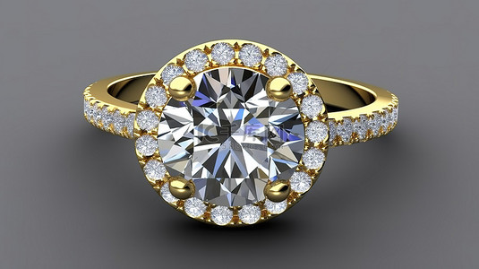 黄金大教堂柄戒指，配有圆形钻石光环和密镶镶边宝石 3D 渲染