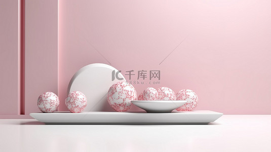 白色的球背景图片_白色背景上的产品展示 3d 渲染水磨石讲台与粉红色和白色的球