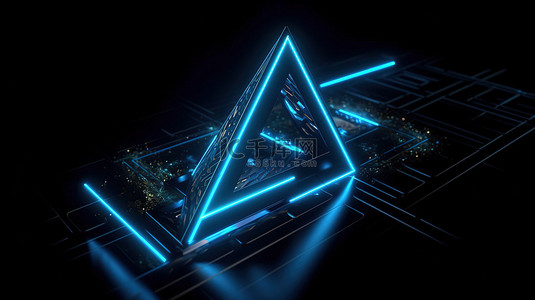 黑色三角形金属抽象背景与蓝色霓虹灯发光 3D 渲染