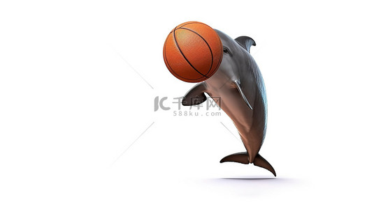 宽吻海豚在海洋中打篮球 3D 渲染在白色背景上