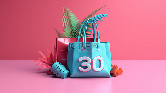 电子商务网页横幅的 3D 渲染插图，其中包含带有百分比折扣的购物袋
