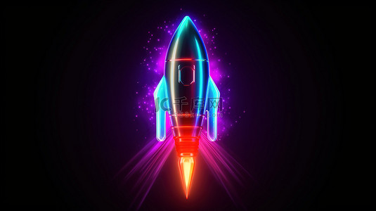 图标火箭背景图片_在 3D 完美 ui ux 元素中渲染的霓虹灯火箭的发光深色图标
