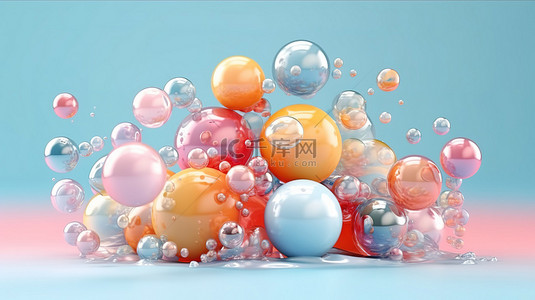柔和的梦想 3D 渲染浮球肥皂泡和斑点在软背景上