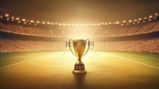 3D 半足球场上的金色足球奖杯，配有照明体育场灯和文字空间