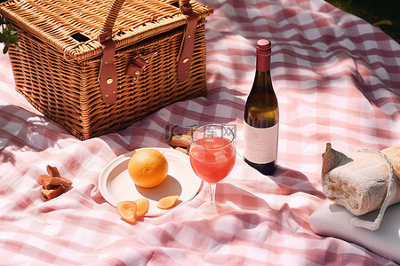 水果背景图片_野餐篮，配有酒面包和冷食