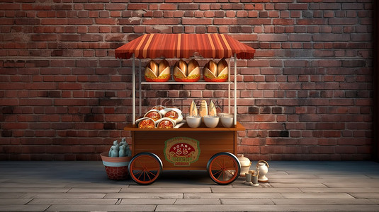木制亚洲街头食品车的 3D 渲染，在砖墙背景前出售肉丸面和椅子