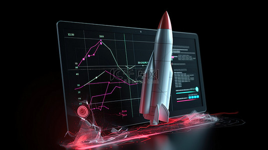 用于社交媒体营销概念的网络分析界面 3d 火箭图渲染