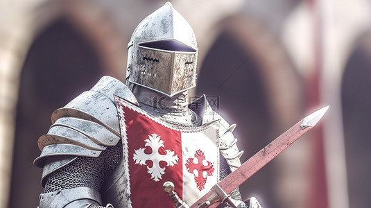 中世纪圣殿骑士的插图 3D 渲染