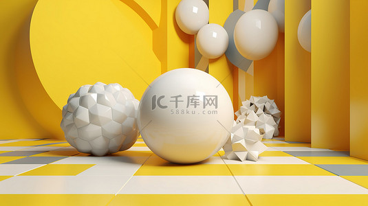 几何单音背景，带有黄色和白色体积船和球 3D 插图
