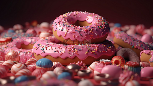 卡通粉红背景图片_充满活力的插图超大粉色甜甜圈和一群微型甜甜圈