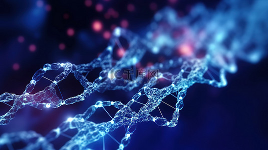 科技科幻数据蓝色背景图片_分子背景中 DNA 的未来 3D 渲染，具有梯度点和线，用于体现大数据的科幻用户界面概念
