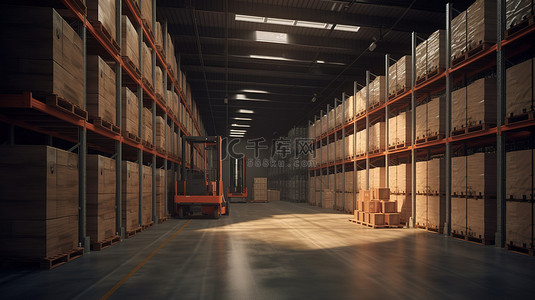 通过 3D 渲染可视化带有货架货架箱子和叉车的仓库配送中心