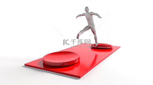 飞镖人物背景图片_白色背景中从木板跳到红色目标板上的人的 3D 渲染