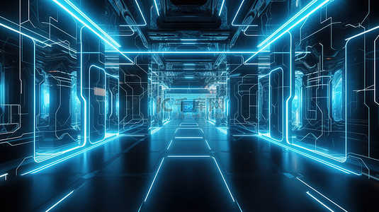 银色舞台背景图片_科幻技术陈列室发光的银色霓虹灯抽象背景以 3d 呈现
