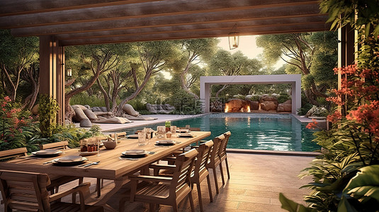 旅游酒店背景图片_游泳池旁露天用餐区的 3D 渲染