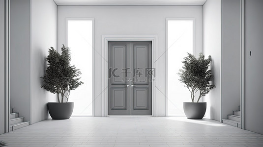 产品模型灰色门 3d 渲染家庭入口靠着白墙