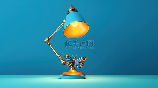 现代台灯照亮蓝色背景 3D 渲染上可爱的蝴蝶