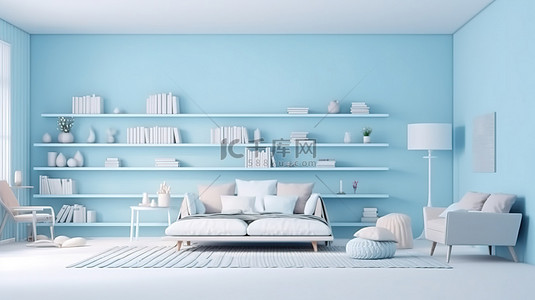 柔和的蓝色和白色内饰，带家具的房间的 3D 渲染
