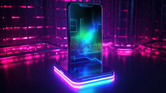 彩色霓虹灯横幅背景与 3d 智能手机模型显示在线销售和社交网络应用程序高质量 3d 插图