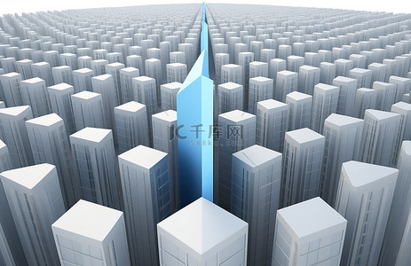 蓝色箭头png背景图片_向天空和多个建筑物的箭头的 3D 图像