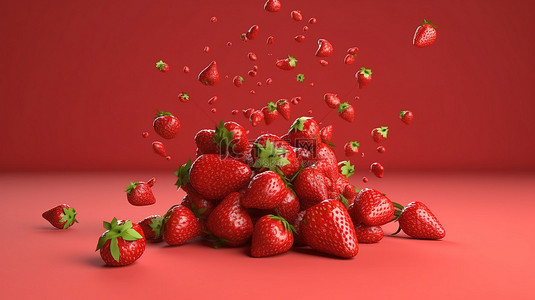 3D 渲染中，一堆多汁的草莓层叠在充满活力的红色工作室背景上