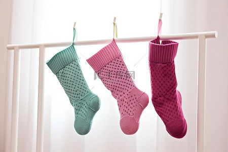 三种类型的袜子挂在白色床上方的线上