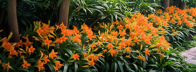 橙色花朵背景图片_有橙色花朵和植物的花园