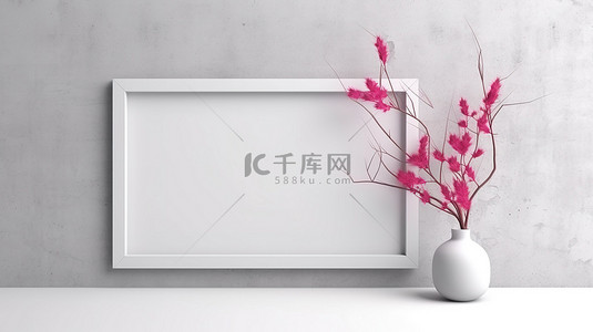 春夏叶子背景图片_白色水泥墙的艺术 3D 渲染，树枝和相框上装饰着粉红色的叶子