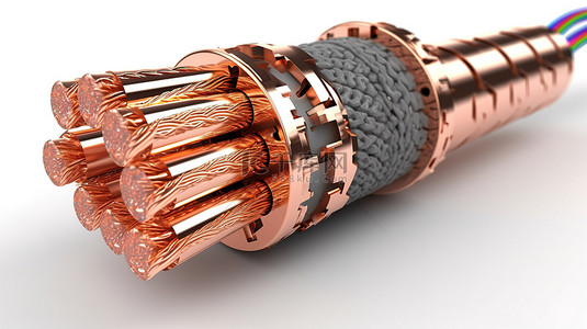 白色背景上铜线电路火花的 3D 插图智能电力电缆