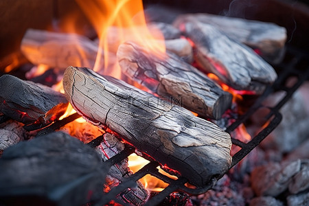 燃烧木炭背景图片_近距离观察烤架上燃烧的木柴和木炭