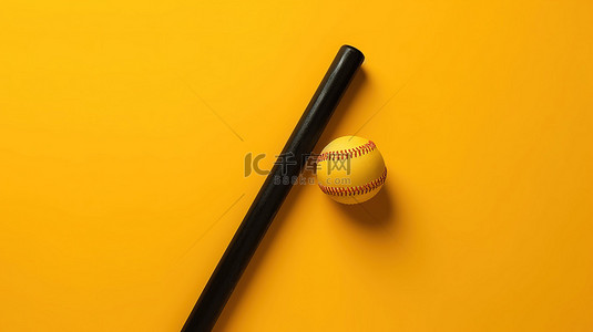 简约的黄色背景与 3D 风格的棒球棒运动概念