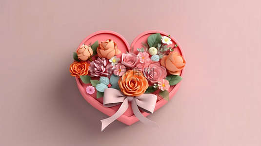 3D 渲染的花卉布置在心形盒子中，带有蝴蝶结，非常适合情人节横幅