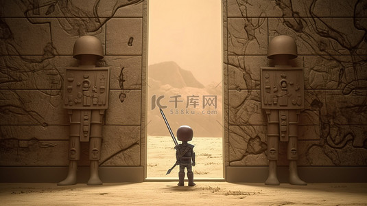 勇敢的小英雄站在强大的象形文字 3d 渲染前