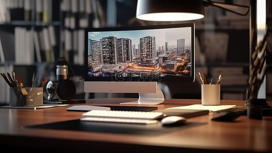 办公桌上的反射关闭电脑屏幕和高效工作场所 3D 渲染的用品