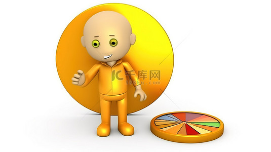 3D 渲染白色背景与金色忠诚计划奖金硬币人物吉祥物信息图形和商业饼图
