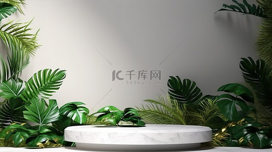 带有绿色热带植物和白色讲台模型的岩石背景的 3D 渲染