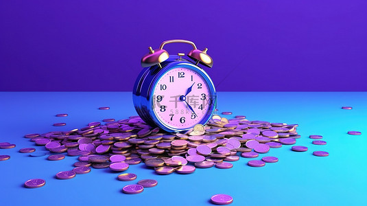 时间就是金钱 紫色背景的 3D 渲染，带有蓝色卡通闹钟和硬币，强调时间的价值