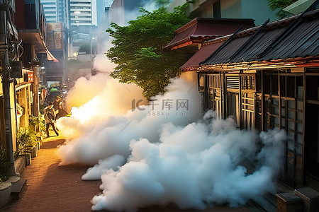 城市卫生背景图片_一座有建筑物的城市里烟雾缭绕的人行道