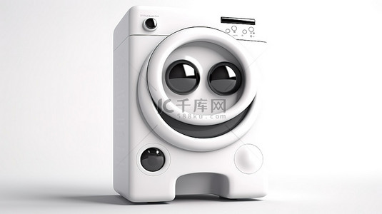 洗衣工背景图片_干净背景上带有可充电电池的白色吉祥物洗衣机的 3D 渲染