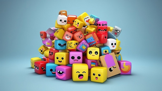 色彩鲜艳的表情符号和社交媒体图标框 3D 概念化