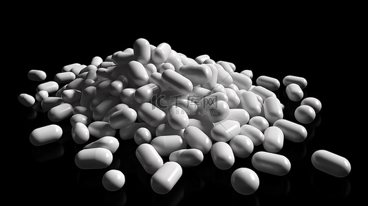 药物救济黑色背景散布有 3D 渲染的白色药丸用于医疗