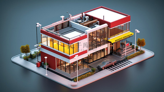 背景汉堡背景图片_简单汉堡餐厅和集装箱商店外观的 3D 渲染等距视图